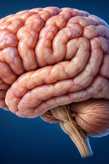 Accurate medical 3D rendering of the human brain isolated on a dark blue background.