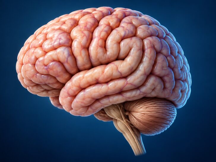 Accurate medical 3D rendering of the human brain isolated on a dark blue background.