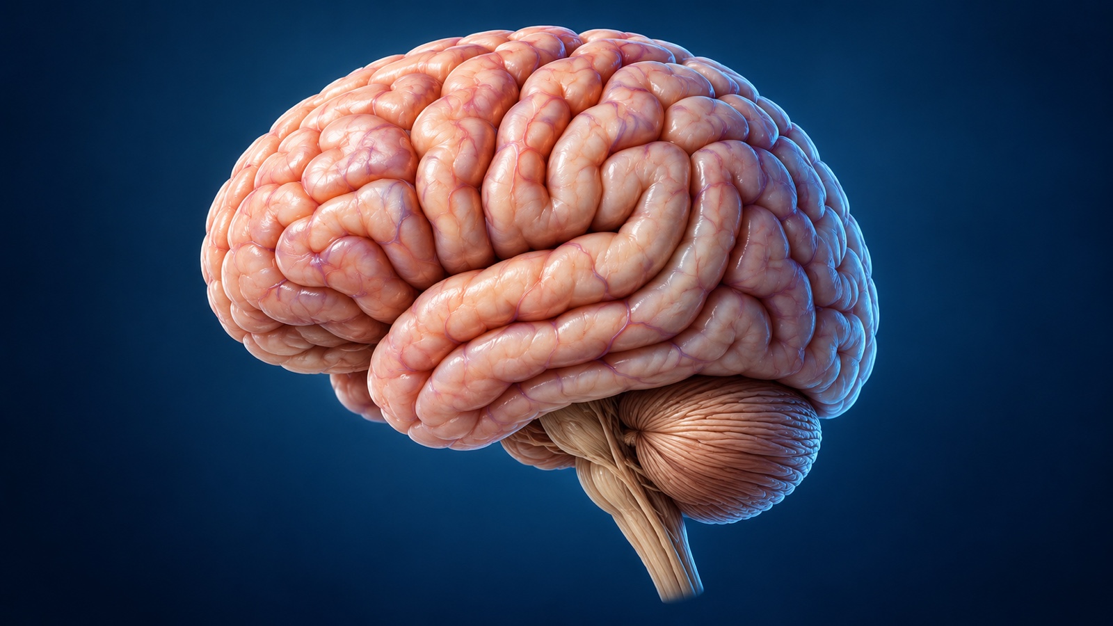 Accurate medical 3D rendering of the human brain isolated on a dark blue background.