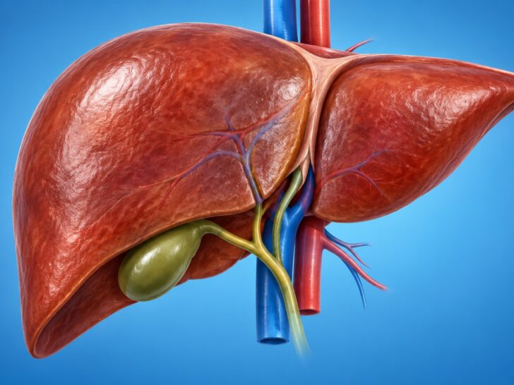 Accurate medical illustration of a human liver on a clean blue background.