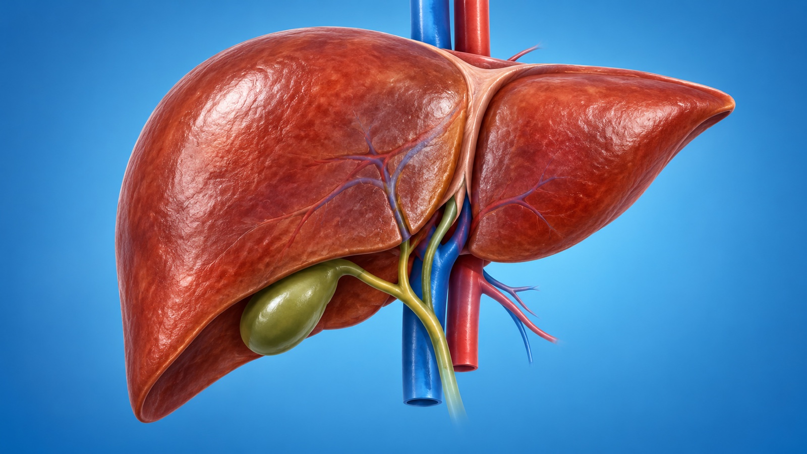 Accurate medical illustration of a human liver on a clean blue background.