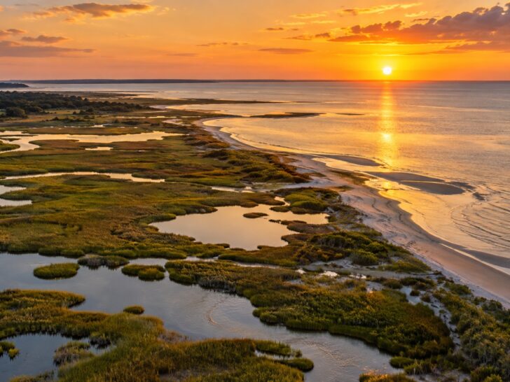 Aerial view of Delaware Bay shoreline and wetlands at golden hour.