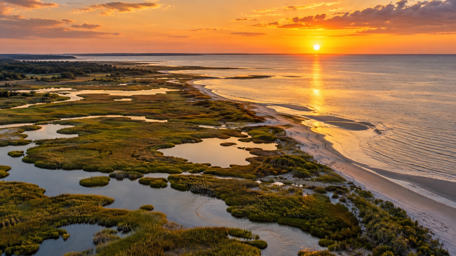 Aerial view of Delaware Bay shoreline and wetlands at golden hour.