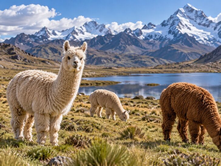 Alpacas grazing in a high Andean meadow.