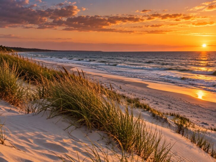 Baltic coast of Poland with dunes and sea at sunset.