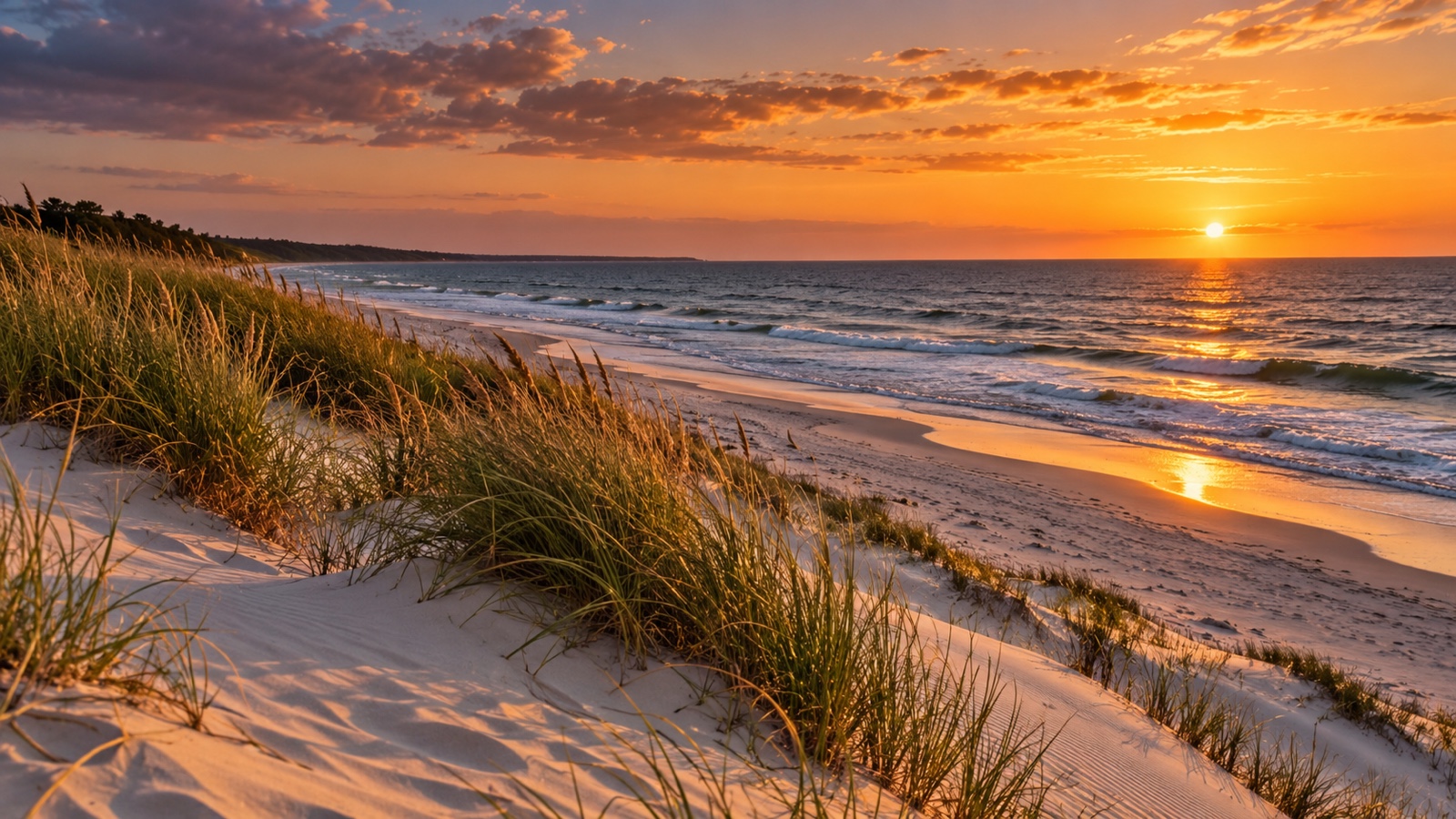 Baltic coast of Poland with dunes and sea at sunset.