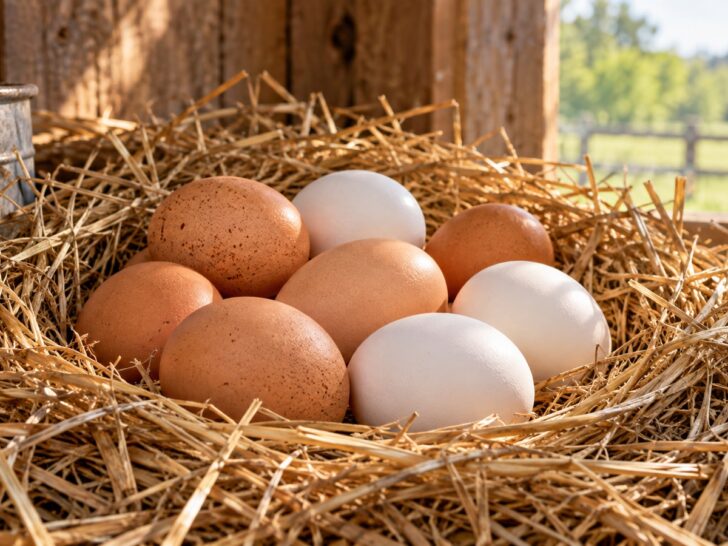 Brown and white chicken eggs resting in a straw-lined nest no bird.