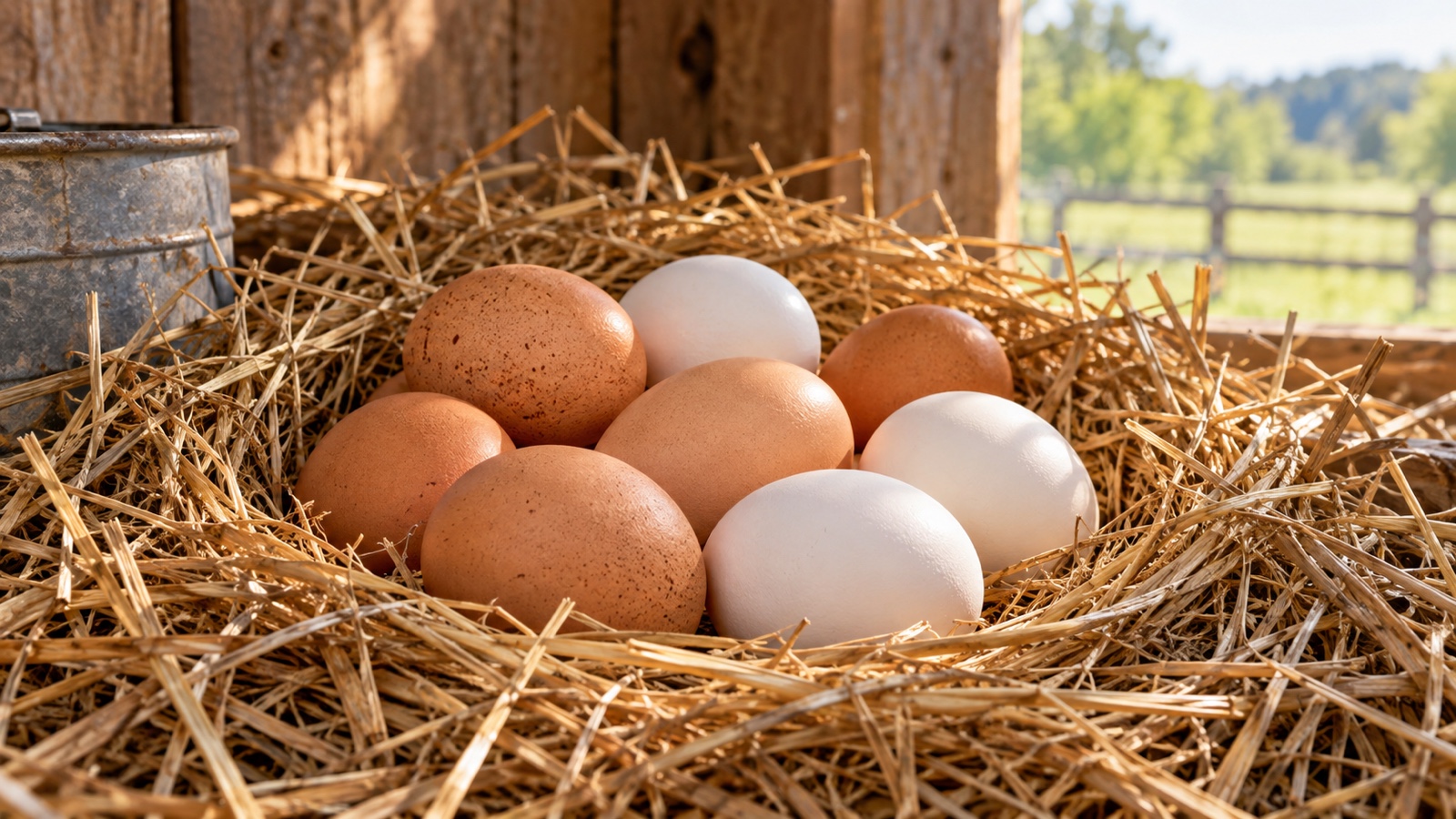Brown and white chicken eggs resting in a straw-lined nest no bird.
