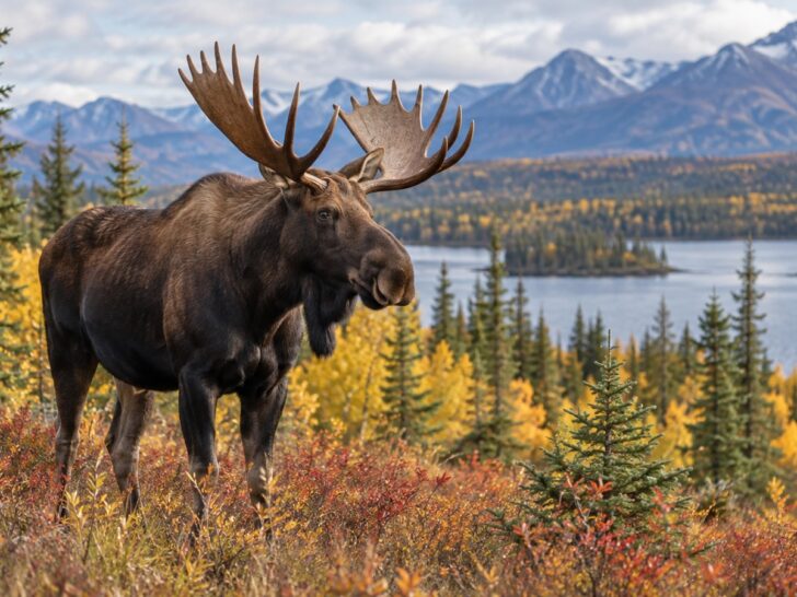Bull moose standing in an autumn boreal forest.