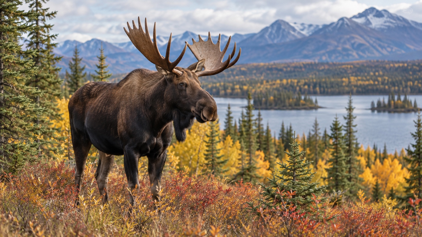 Bull moose standing in an autumn boreal forest.