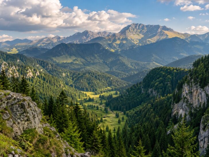 Carpathian Mountains of Romania with forested valleys.