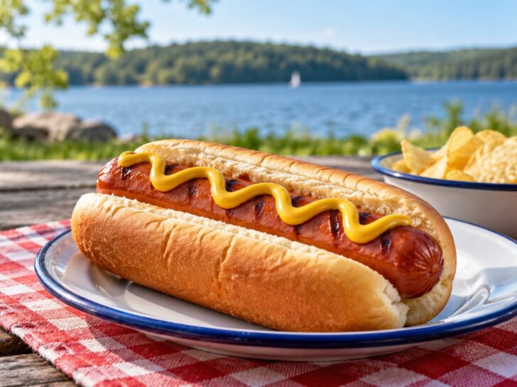 Classic hot dog in a bun with mustard on a picnic table.