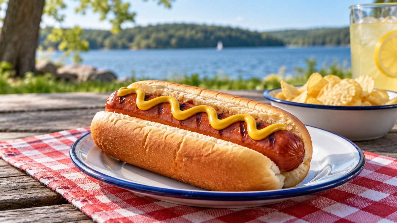 Classic hot dog in a bun with mustard on a picnic table.