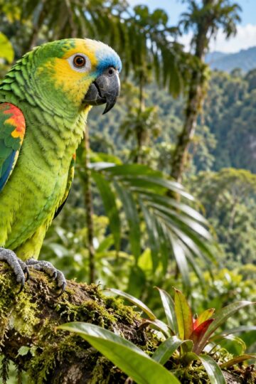 Colorful Amazon parrot perched in a tropical rainforest.