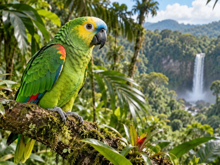 Colorful Amazon parrot perched in a tropical rainforest.