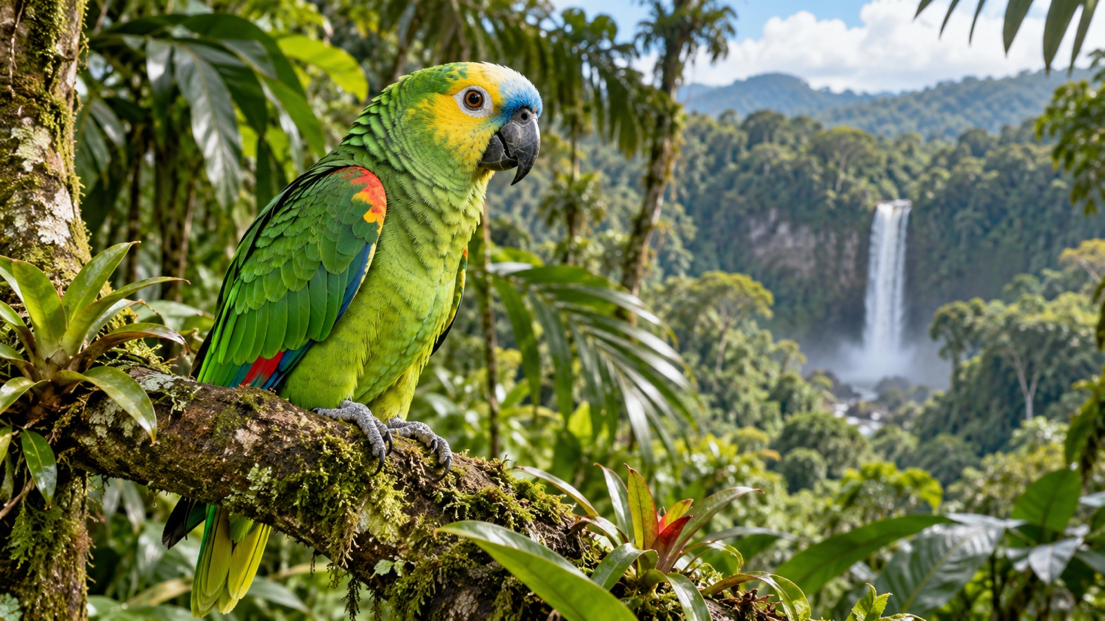 Colorful Amazon parrot perched in a tropical rainforest.