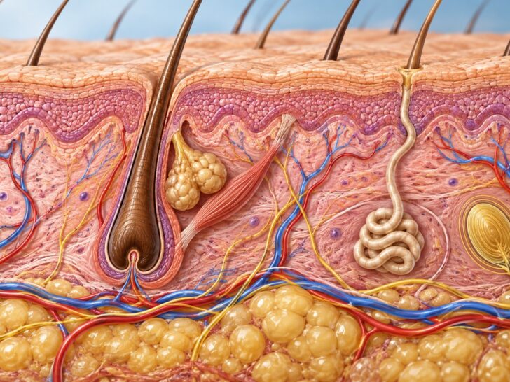 Detailed medical cutaway illustration of human skin layers without a body or face.