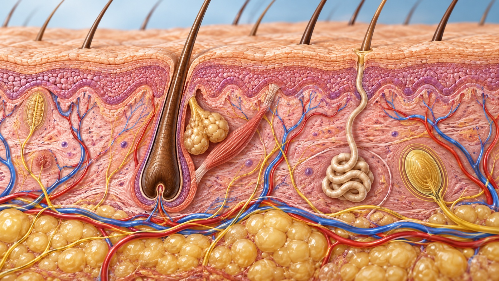 Detailed medical cutaway illustration of human skin layers without a body or face.