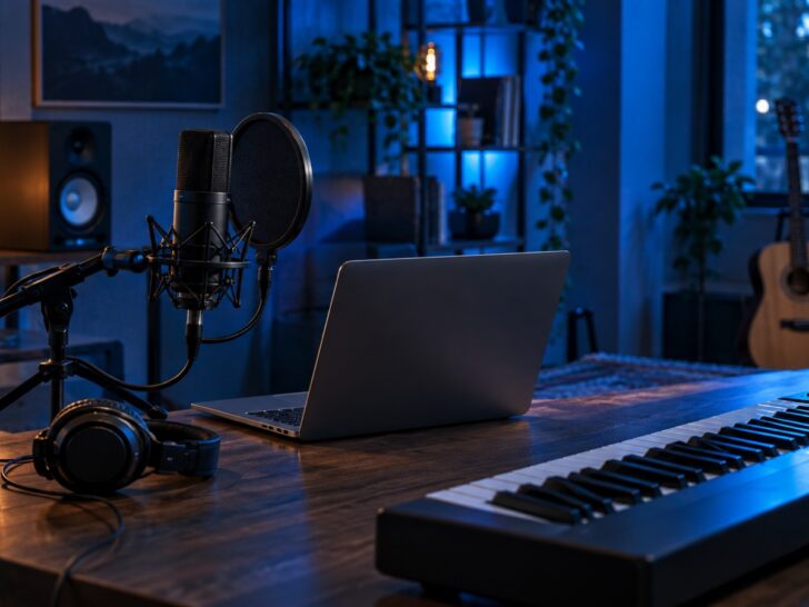 Empty home music studio with microphone laptop and keyboard in blue moody light.