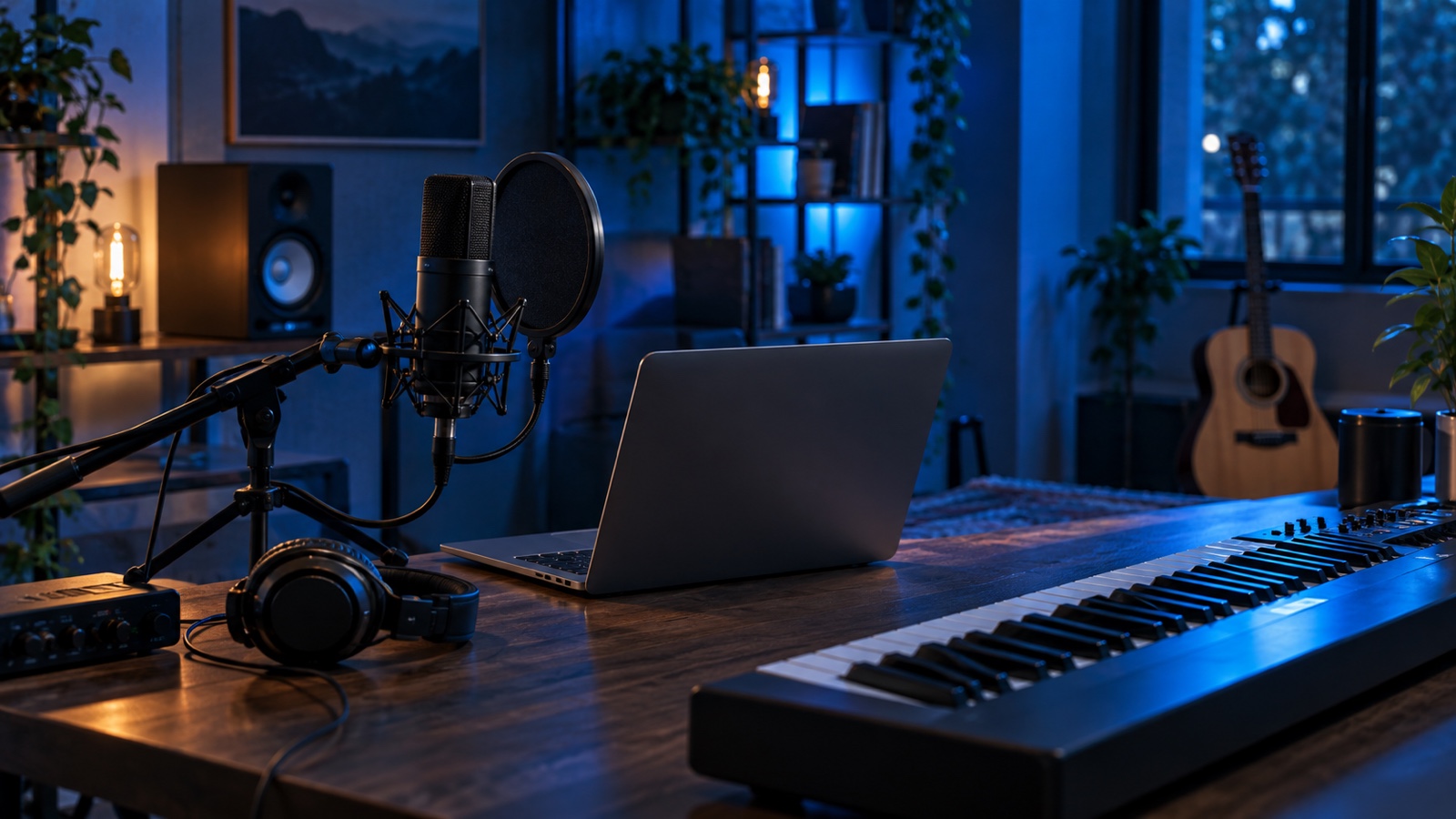 Empty home music studio with microphone laptop and keyboard in blue moody light.