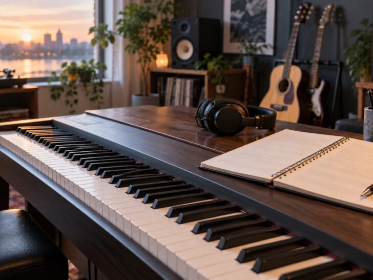 Empty piano keyboard and songwriting notebook in a softly lit music studio without readable writing.