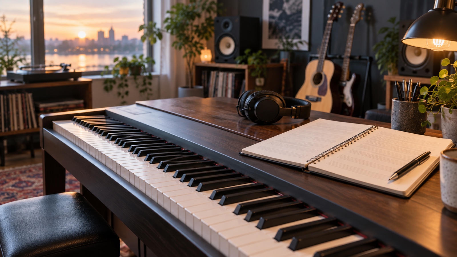 Empty piano keyboard and songwriting notebook in a softly lit music studio without readable writing.