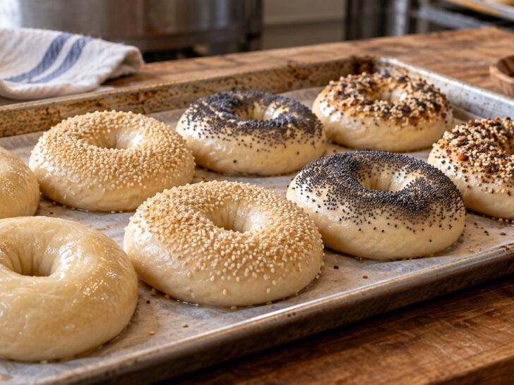 Fresh boiled bagels resting on a bakery tray before baking.