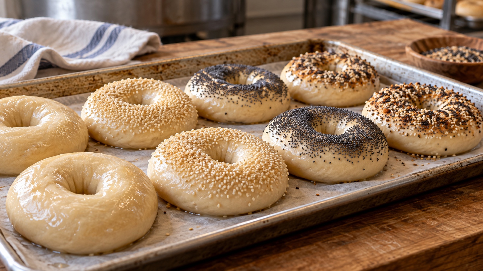 Fresh boiled bagels resting on a bakery tray before baking.
