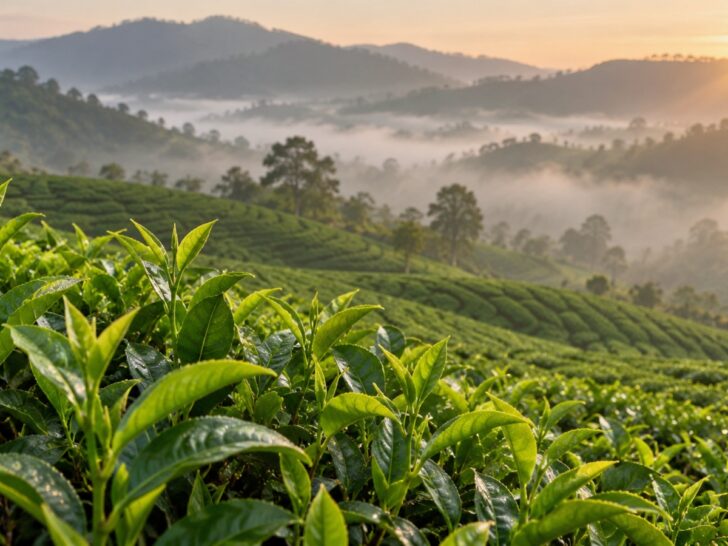 Green tea leaves growing on a misty tea plantation.