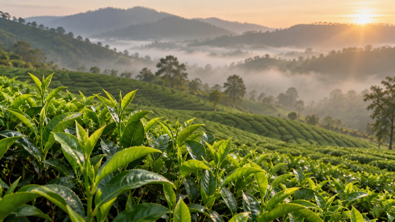 Green tea leaves growing on a misty tea plantation.