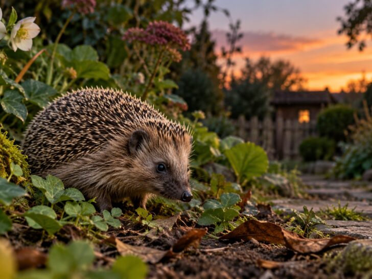 Hedgehog in a leafy garden at dusk.