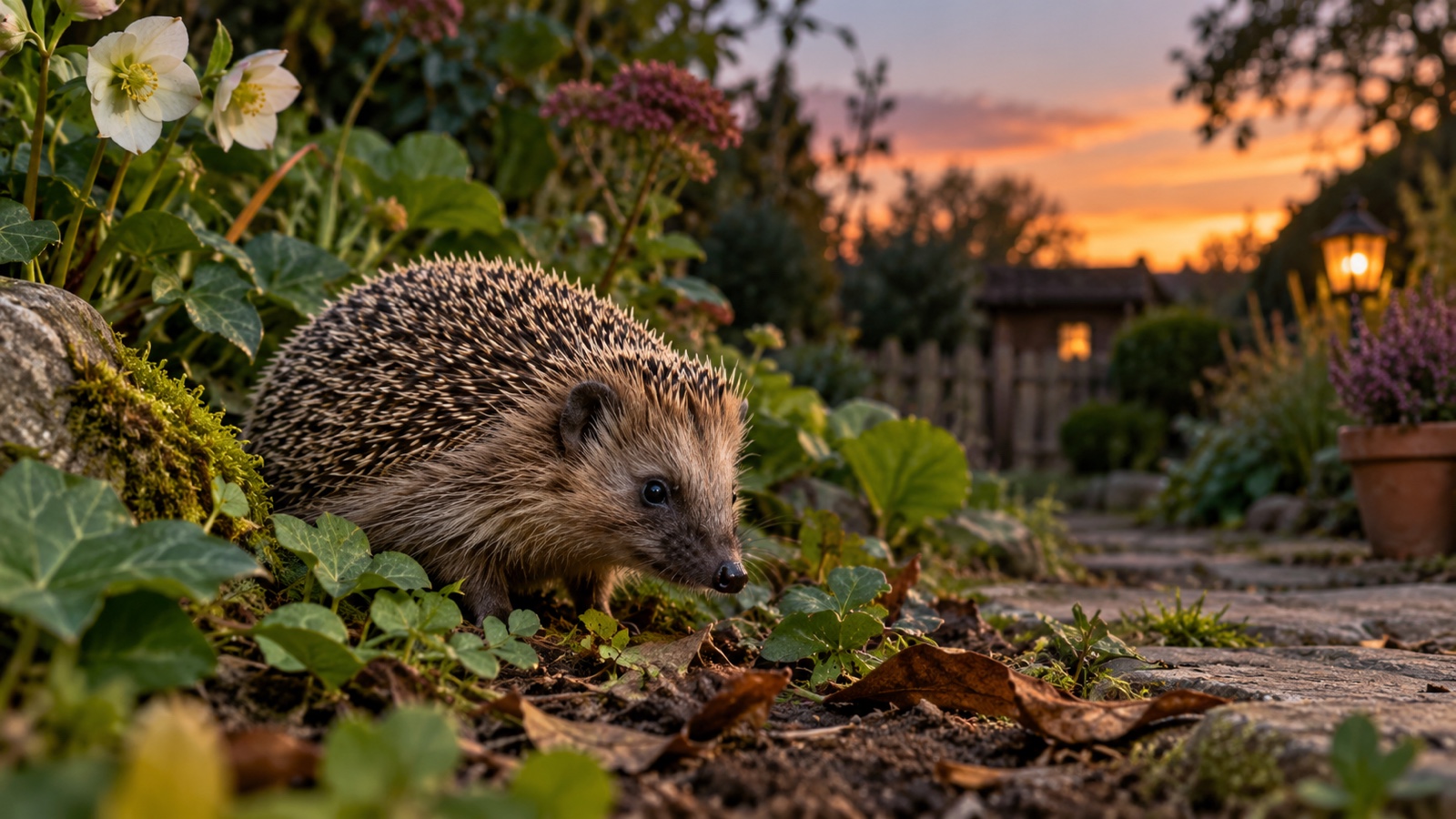 Hedgehog in a leafy garden at dusk.
