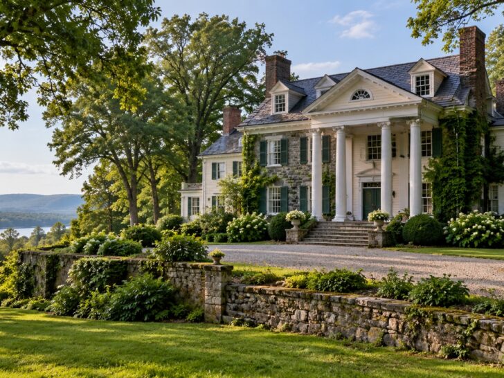 Historic Hyde Park New York estate exterior among trees.