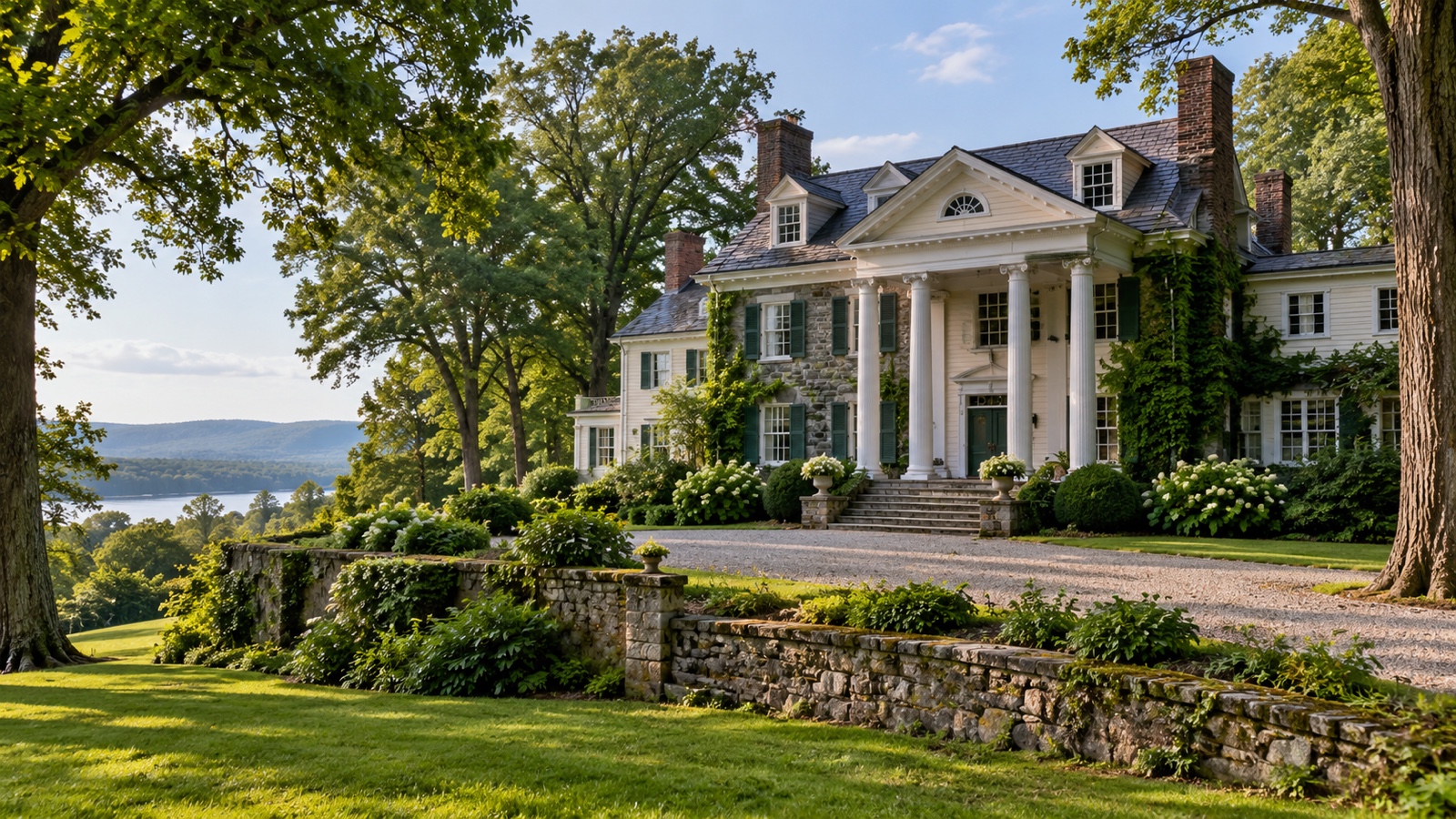 Historic Hyde Park New York estate exterior among trees.