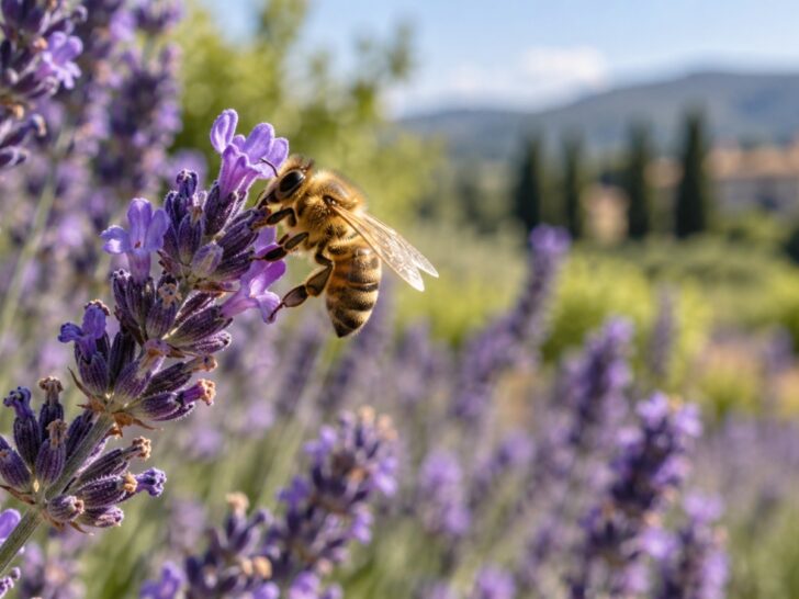 Honeybee gathering nectar from a flowering lavender sprig.