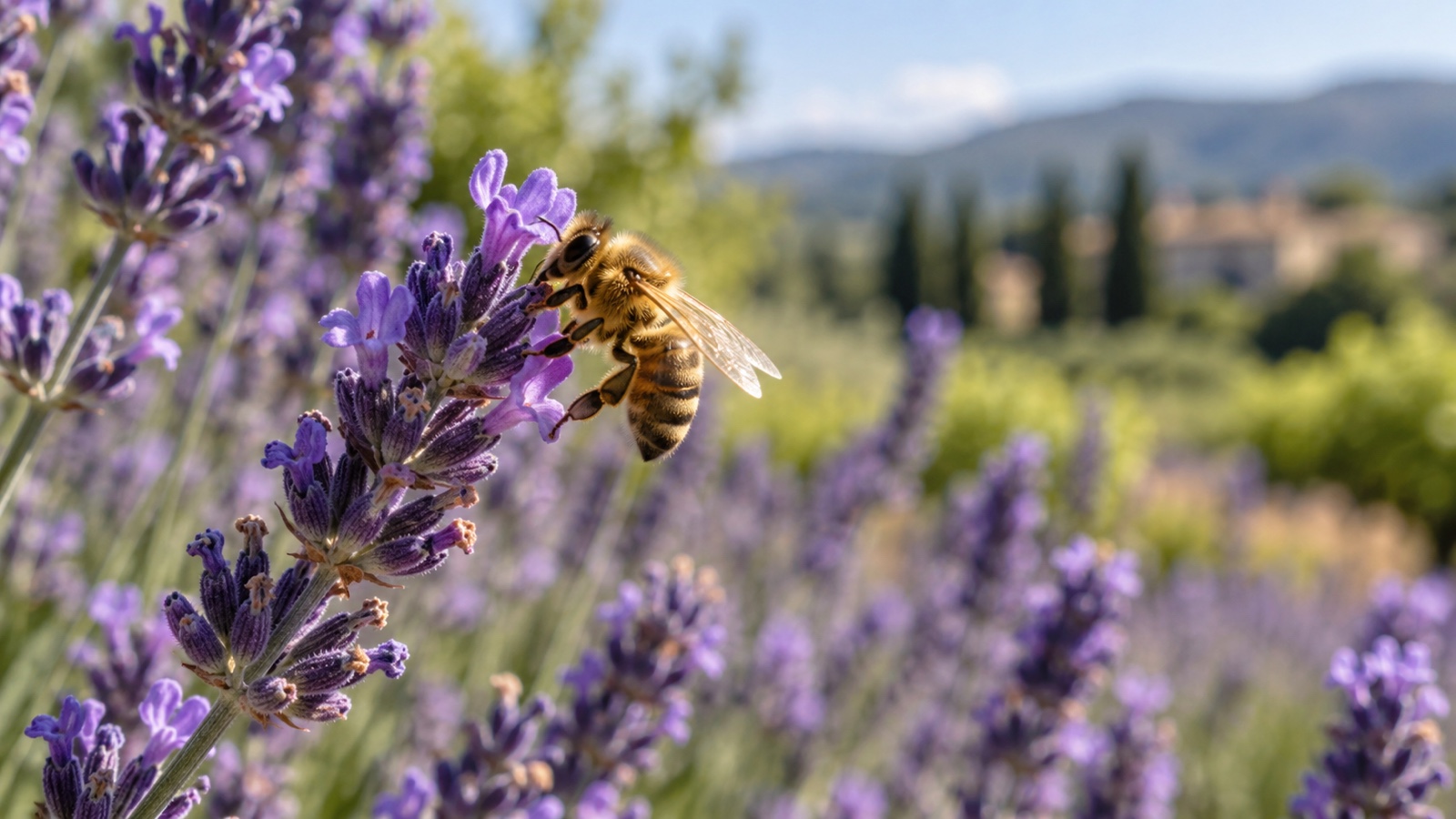Honeybee gathering nectar from a flowering lavender sprig.