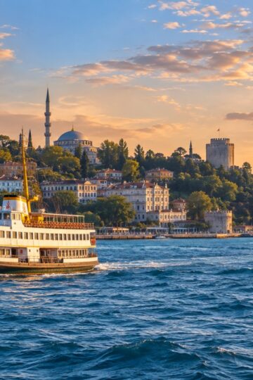 Istanbul Bosphorus waterway with historic skyline and ferry boats.