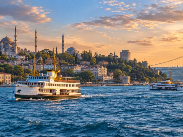 Istanbul Bosphorus waterway with historic skyline and ferry boats.