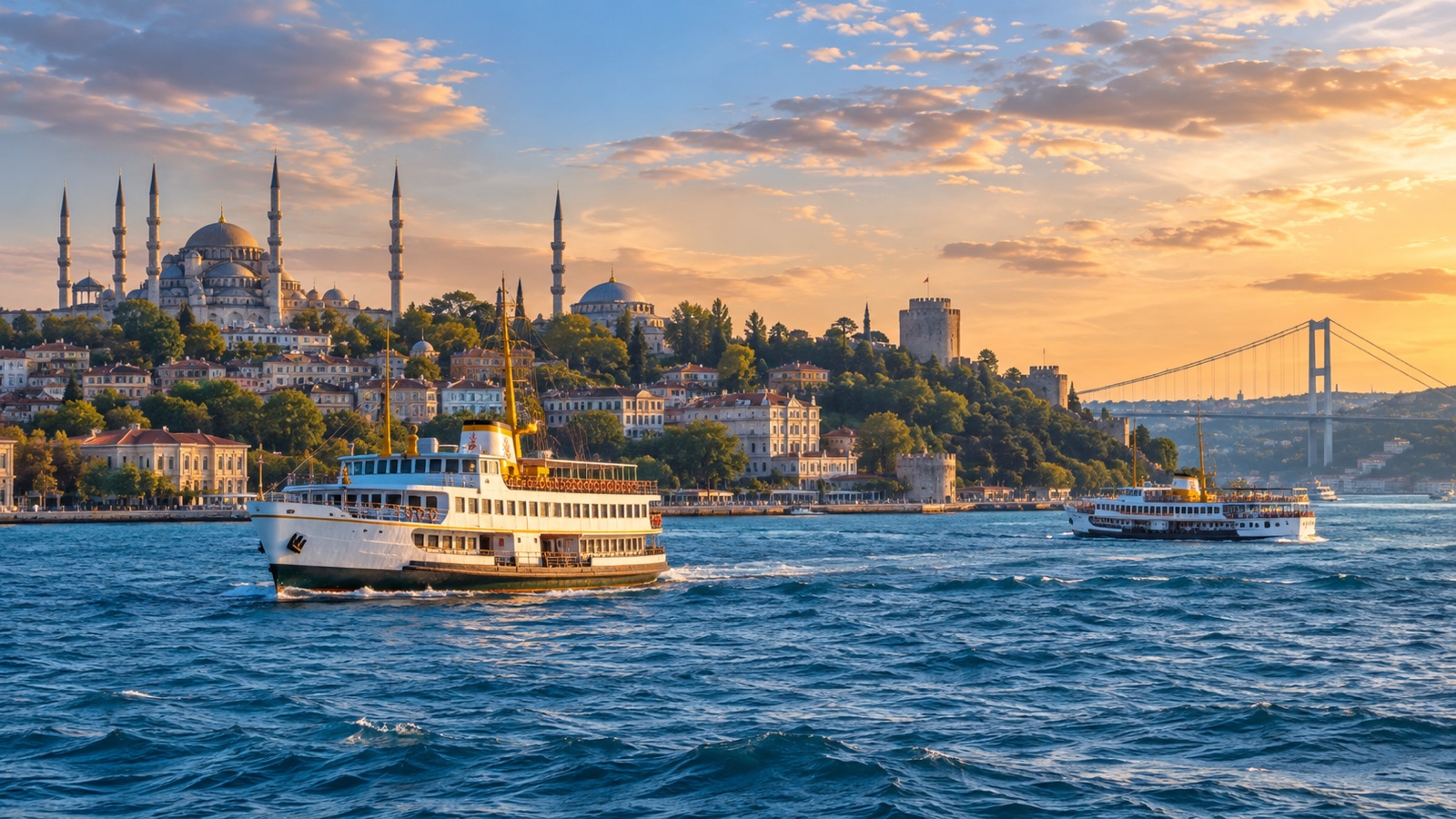 Istanbul Bosphorus waterway with historic skyline and ferry boats.