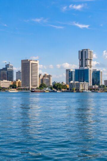 Lagos waterfront skyline on a bright day.