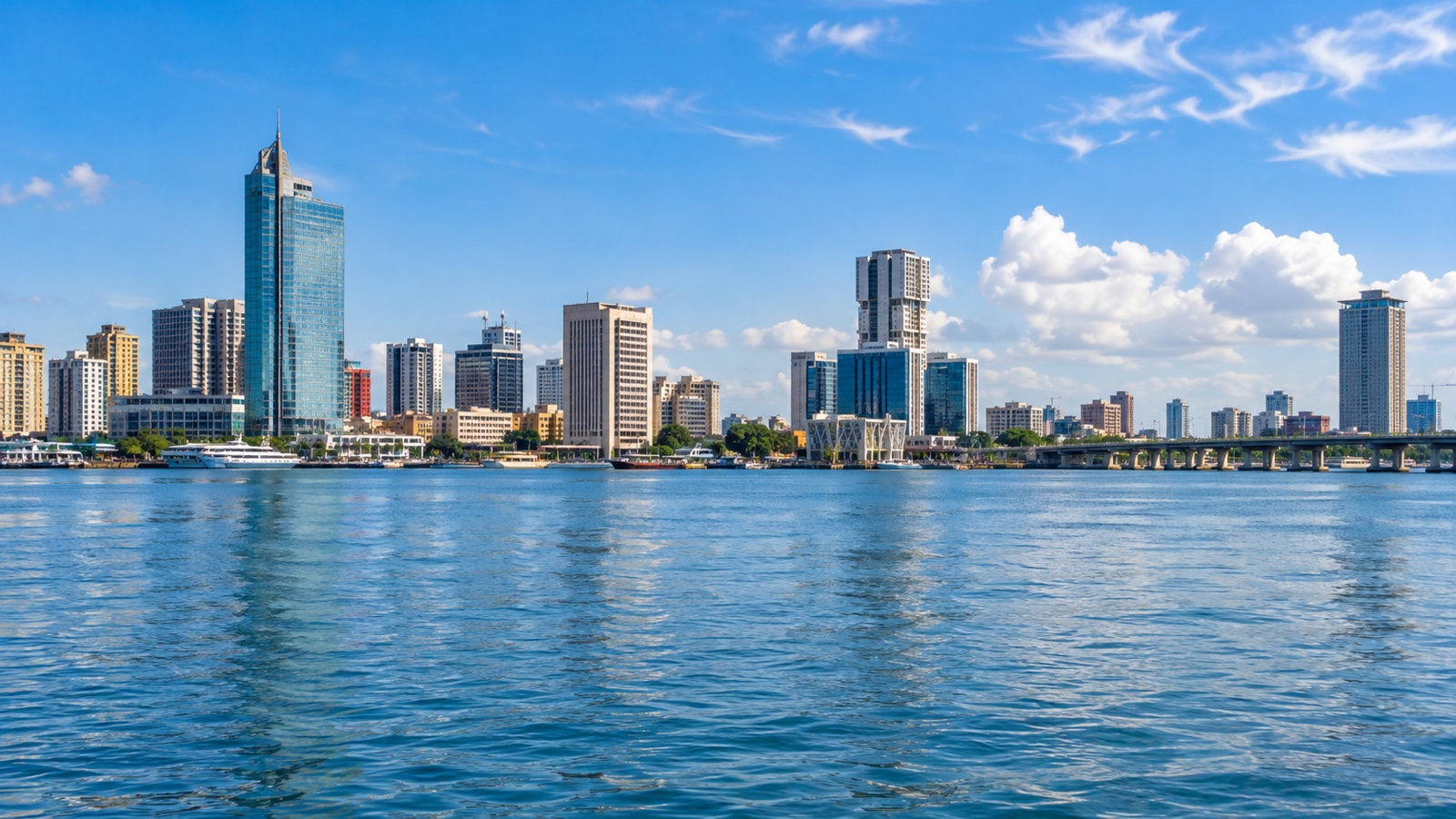 Lagos waterfront skyline on a bright day.