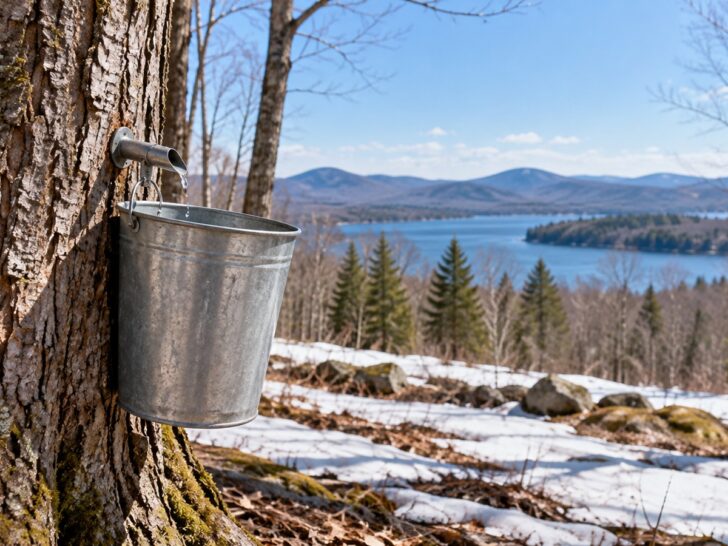 Maple tree in early spring with sap bucket hanging from a tap.
