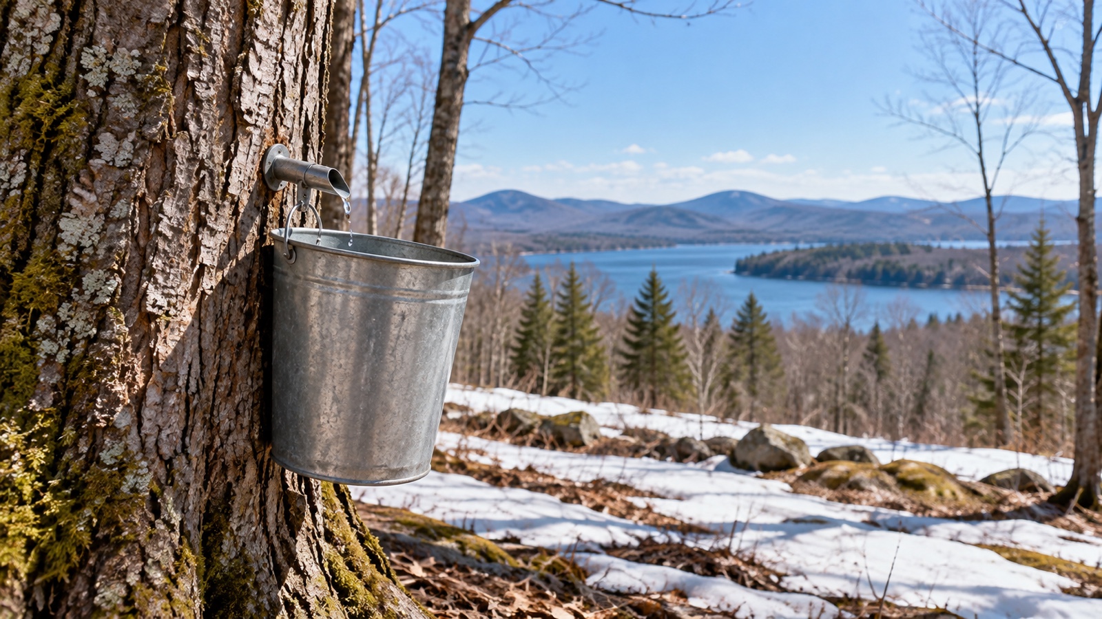 Maple tree in early spring with sap bucket hanging from a tap.