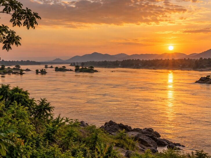 Mekong River landscape in Cambodia at golden hour.