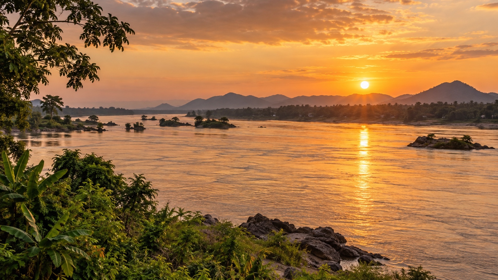 Mekong River landscape in Cambodia at golden hour.