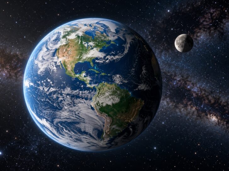 Planet Earth floating against stars with a subtle orbiting moon.