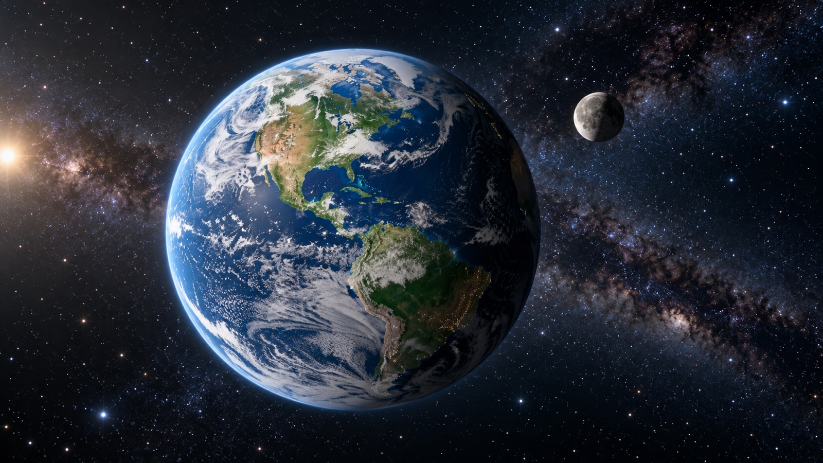 Planet Earth floating against stars with a subtle orbiting moon.