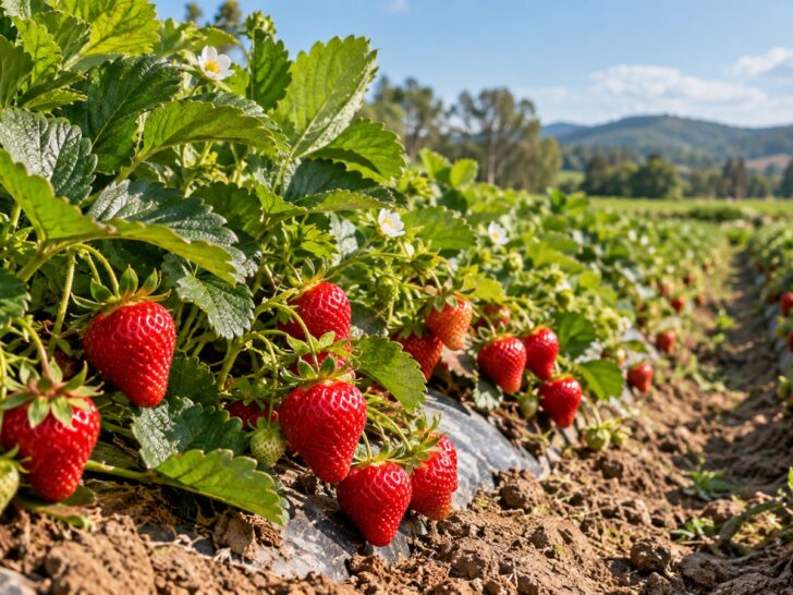 Ripe red strawberries growing on green plants in a field.