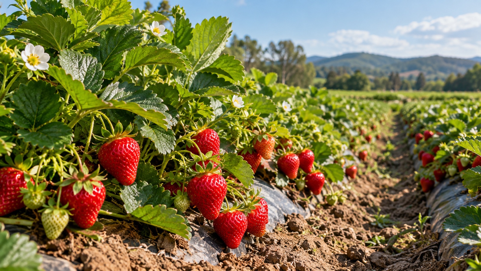 Ripe red strawberries growing on green plants in a field.