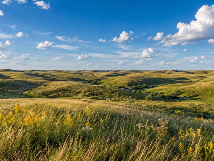 Rolling Nebraska Sandhills prairie under an immense blue sky.